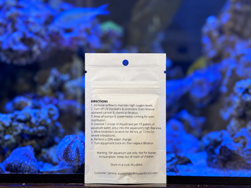 Back of the AquaErase pouch listing the seven treatment directions and safety warning